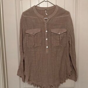 Free People Talk To Me Tan Natural Flax Button Down Long Sleeve Shirt Raw Hem